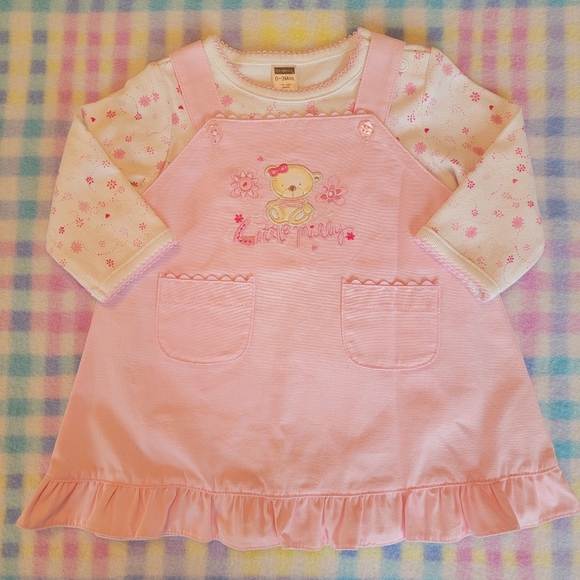 GEORGE ♡ Precious Pink 2pc Embroidered LITTLE MILLY Overalls 'n L|S Onesie 0-3M - Picture 6 of 16